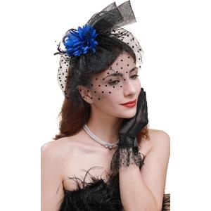 Cizoe Fascinator for Women with Black Veil Derby Headpiece Tea Party Hats and Lace Gloves (Blue)
