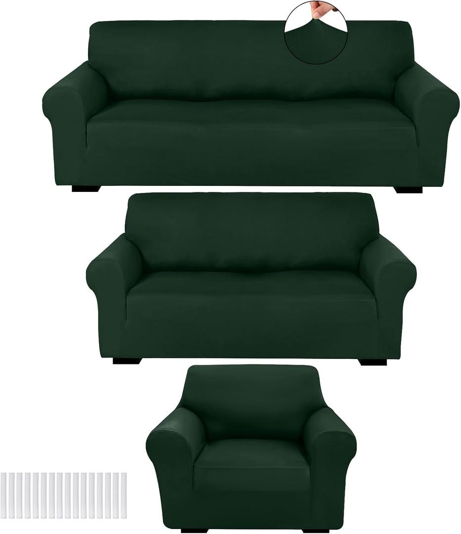 Peryiter 3 Pcs Slipcover Set for Couch Furniture Covers for Sofa Loveseat Couch Arm Chair, Form Fit Stretch, Wrinkle Free, Furniture Protector (Dark Green,Milk Silk Spandex)