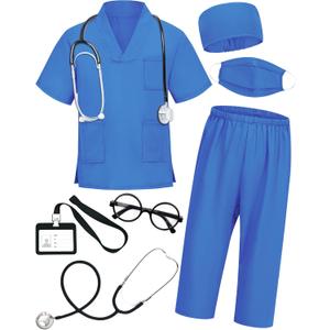 ICECUTE Doctor Costume for Kids Scrubs with Accessories,7Pcs Toddler Halloween Costume for Boy Girls,3-11 Years (5-6T, Blue)