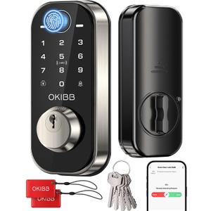 Fingerprint Door Lock for Front Door Built-in Wi-Fi OKIBB, Smart Keyless Entry Door Lock with APP Touchscreen Keypad Deadbolt, Emergency Power Port, One-Touch, IP54 Weatherproof, BHMA Grade 3