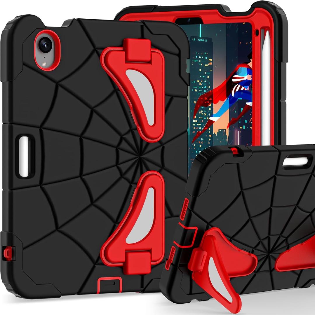 Kids Case for iPad mini 7 A17 Pro 2024/ Mini 6 8.3 inch, Spider Case for iPad mini 7th 6th Generation, Shockproof Durable Full Protective Cover with Pencil Holder, Kickstand (Black+Red)