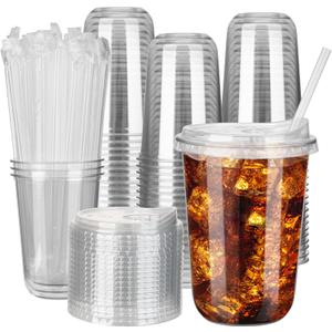 100 Sets 16oz Disposable Stemless Plastic Cups with Strawless Sip Lids, Clear PET Coffee Cups for Iced Coffee, Cold Drinks, Halloween, Christmas, Party and Drink Shop Supplies (Clear (16oz))