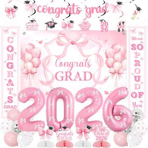 Bow Graduation Party Decorations 2026 Congrats Grad Backdrop, Banner, Class of 2026 Hanging Swirls Honeycomb Centerpieces,Balloons Congratulate Party Decor for 2026 Graduation Party Supplies