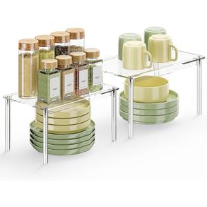 Delamu Clear Kitchen Cabinet Organizer, Set of 2 Acrylic Shelf Organizer for Cupboard Organizers and Storage, Stackable Cabinet Shelf for Plate, Dish, Bowl, Cup & Mug, 11.7" W x 7.7" D x 6.3" H