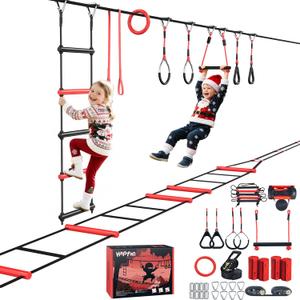 Hapfan Ninja Warrior Obstacle Course for Kids with Rickety Bridge, 50 FT Slackline Kit with Weather-Proof Obstacles, Outdoor Jungle Gym Climbing Toys for Backyard