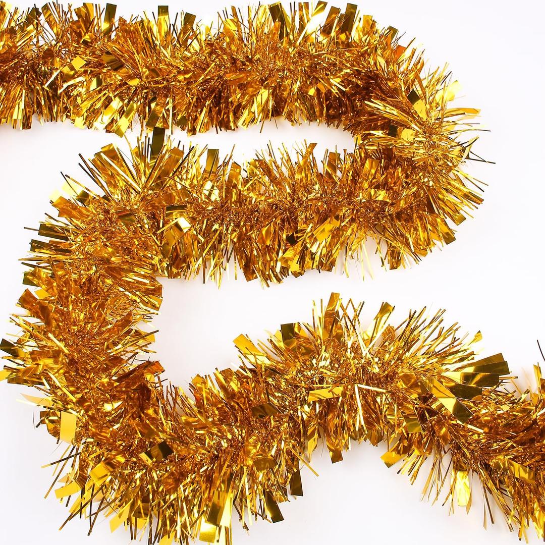 33FT Christmas Tinsel Garland,Gold Shiny Metallic Foil Decorations for Parade Floats, Halloween, Christmas Tree, New Year Parties,Birthday Party,Indoor and Outdoor Disco Party Supplies, Gold