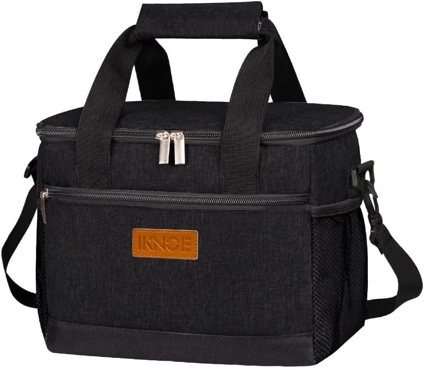 iknoe Large Foldable Cooler Bag, 8.5L Insulated Lunch Bag, Leakproof Lunch Cooler Tote with Multi-Bag Design Suitable for Beach, Picnic and Office Use, Black 15-Can (Medium)