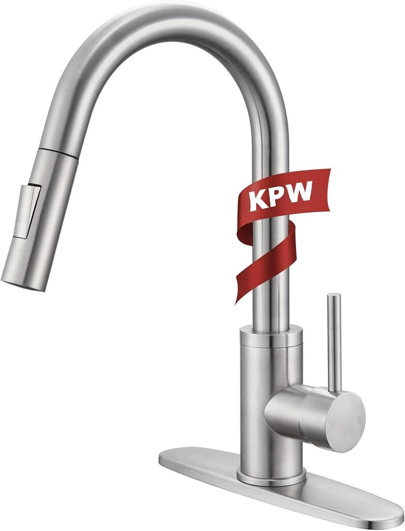 KPW Kitchen Faucet with Pull-Down Sprayer, Brushed Nickel, High-Arc Single Handle, Stainless Steel, Fits 1 or 3 Hole Sink
