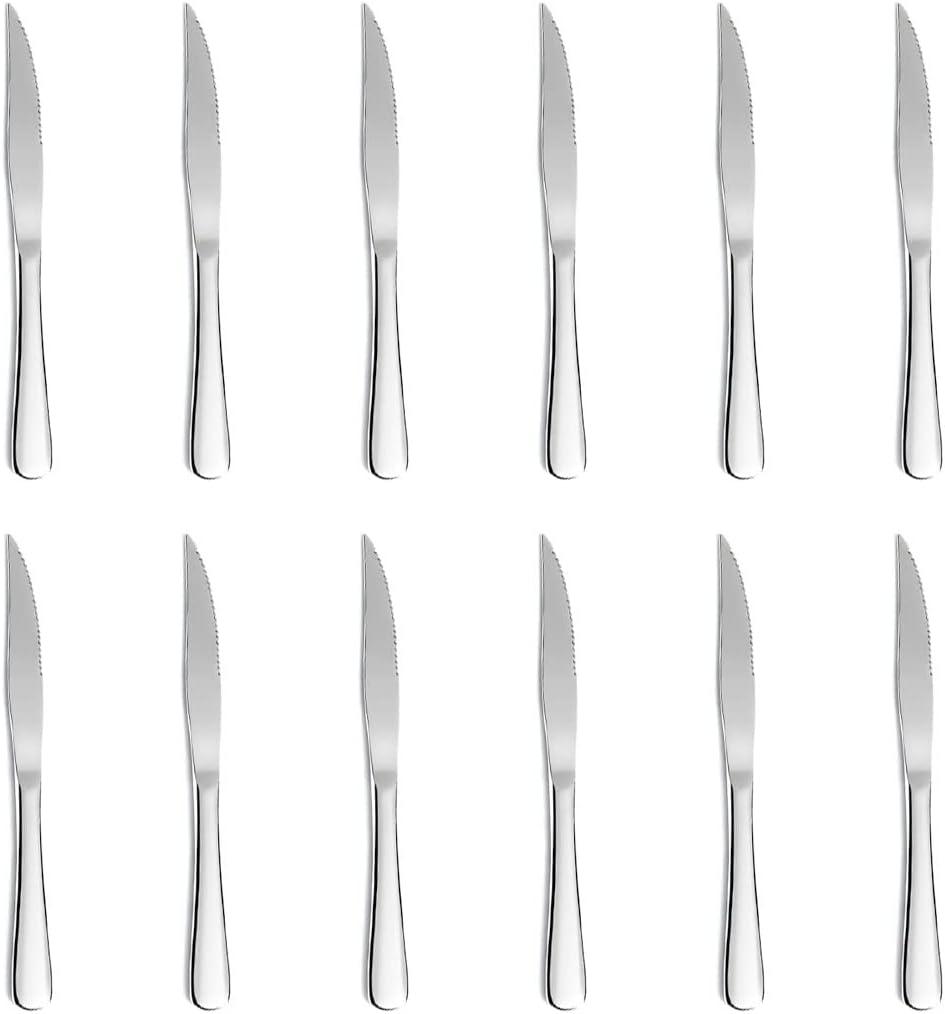 12-Piece Bright Silver Steak Knives Set, Stainless Steel Serrated Dinner Knives, Dishwasher Safe