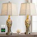 Vintage Table Lamps Set of 2 for Living Room Bedroom, 2 USB Ports 25'' Rustic Farmhouse Desk Lamp with Nightlight, Iron Gray Hollow Out Resin Lamp for End Table (Bulbs Included)