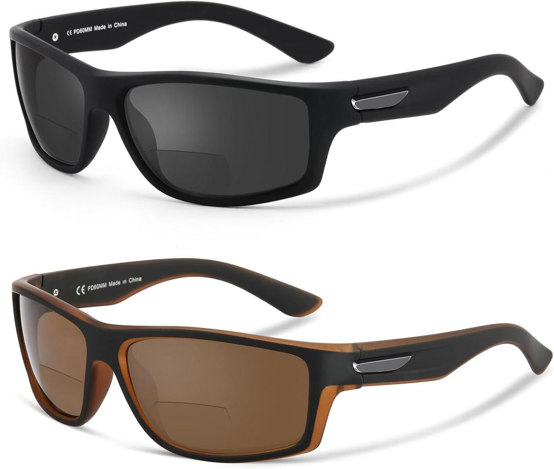 Missfive 2-Pack Mens Ultimate Bifocal Sunglasses with Readers Built In Sporty Upgraded Wrap Frame, UV400 Protection Driving & Reading Glasses for Outdoor +2.5 (Dark/Brown)