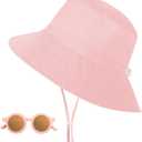 Baby Sun Hat with Sunglasses, UPF 50+ Wide Brim Kids Bucket Hat with Neck Protection, Adjustable Beach Hats for Boys & Girls (Pink)
