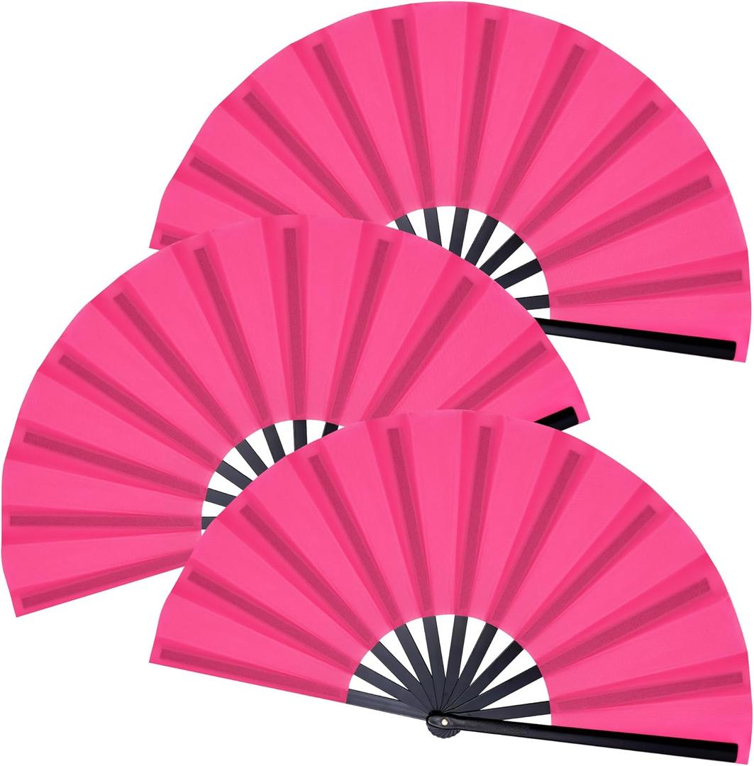 Marrywindix 3 Pcs Large Chinese Folding Fan Big Handheld Clap Fans for Men and Women Performance Line Dance Decorations Event Party Festival Craft Gift (Rose Red)