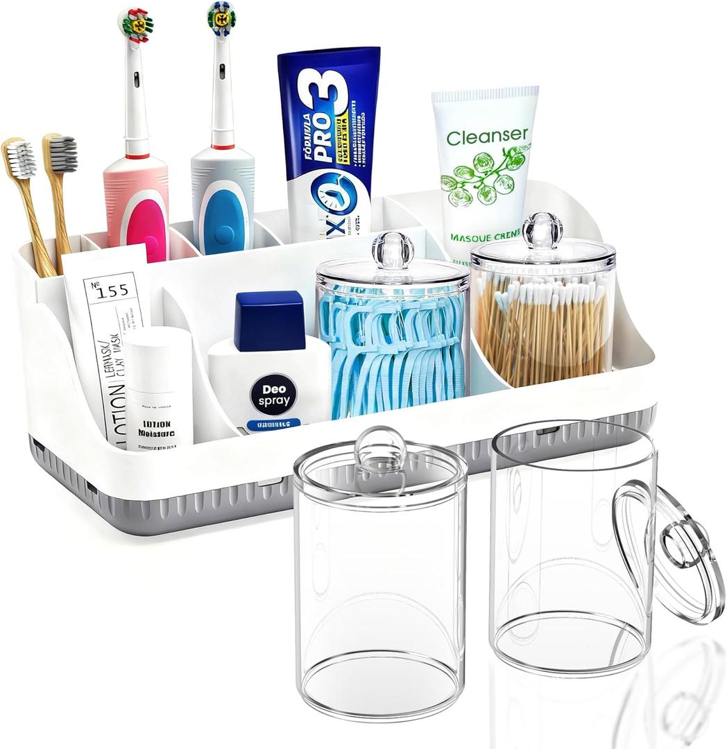 Bathroom Counter Organizer and Storage with 2 Pack Qtip Holder Dispenser, 7 Slots Detachable Toothbrush Holders for Bathrooms, Anti-Slip Electric Toothbrush and Toothpaste Holder Countertop (Whitegrey Sets)