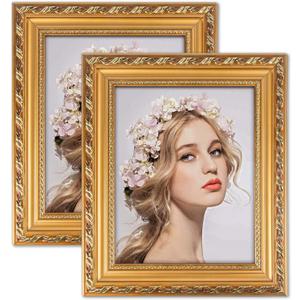 Gold 8x10 Picture Frame 2 Pack - Ornate Vintage Photo Frames for Wall or Tabletop, Solid Wood Wedding Frame 8x10 for Marriage Certificate Familiy with Easel Back & Hanger, Horizontal and Vertical Display for Home Gift, Desk Decor