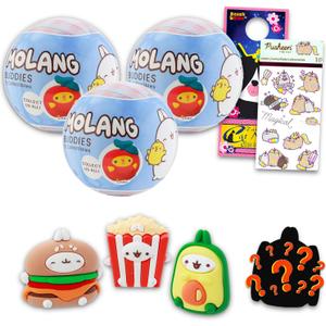 Molang Blind Ball Party Favors 3 Pack  Bundle with 3 Mini Figurine Blind Balls Plus Stickers, More | Molang Mystery Figure for Kids, Teens