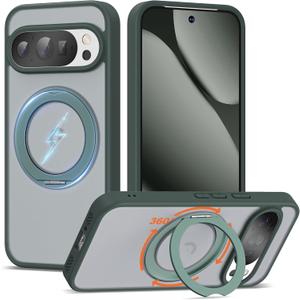 Compatible with Google Pixel 10/Pixel 10 Pro Case with 360 Magnetic Ring Stand [Compatible with Mag-Safe] Shockproof Translucent Phone Case 6.3" for Women Men, Green