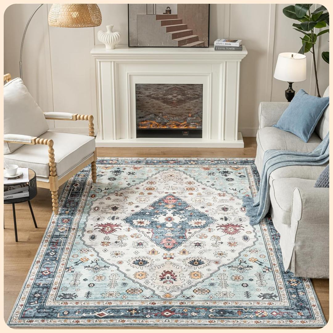 Istana 6x9 Area Rugs - White Cream/Blue Rugs for Living Room - Luxurious Silk's Soft Touch Living Room Rug - Elegant Non Slip Area Rug