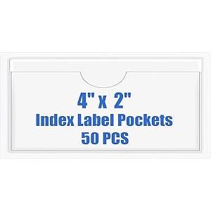 Origin-Joy 50 PCS Self-Adhesive Index Label Pockets, Clear Plastic Peel & Stick Card Holders with Top Open for Loading (4 x 2 inch)
