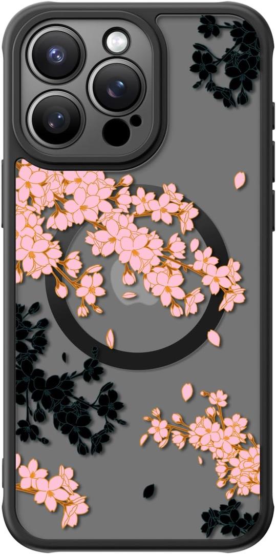 FUNMIKO Case for iPhone 14 Pro - Wireless Charging & Military-Grade Protection - Wildflower Design for Women Girls, Non-Slip Matte Cover Shock-Absorbing Corners - Black and Pink Cherry Blossoms