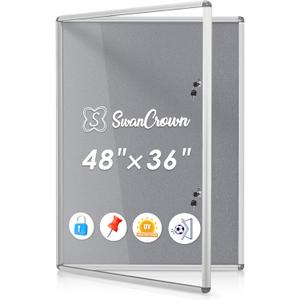 SWANCROWN 38x38 in Enclosed Bulletin Board, Wall Display Case Message Board | Tamperproof, Shatterproof, 2 Locks, Smooth Grey Felt, Silver Aluminum Frame, Display Case for Office, School, Business