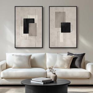 Large Framed Neutral Abstract Wall Art for Living Room, Set of 2 Black and Beige Modern Canvas Prints Paintings Artwork for Walls, Minimalist Block Lines Pictures for Hallway Office Wall Decor 24x36 In (Minimalism)