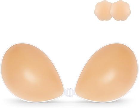 Niidor Adhesive Bra Strapless Sticky Invisible Push up Silicone Bra for Backless Dress with Nipple Covers (Creme)