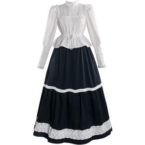 Edwardian Dress for Women 1900s Long Sleeve Victorian Two-piece Shirt Skirt Suit, XL