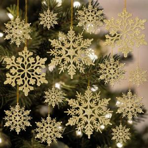 42 Pcs Gold Snowflake Ornaments - Christmas Tree Decorations, Hanging Snowflake Decorations, Plastic Glitter Snow Flakes for Christmas, Winter, Party
