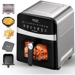 Stainless Steel Air Fryer Ceramic Coat Basket Non Toxic Metal Cavity 6 QT Compact for 2-3 PAX, DAYBEST Dual Heats Airfryer 450F 12 in 1, Dishwasher Safed Pot, Plate, Rack & Liner (Stainless Steel)