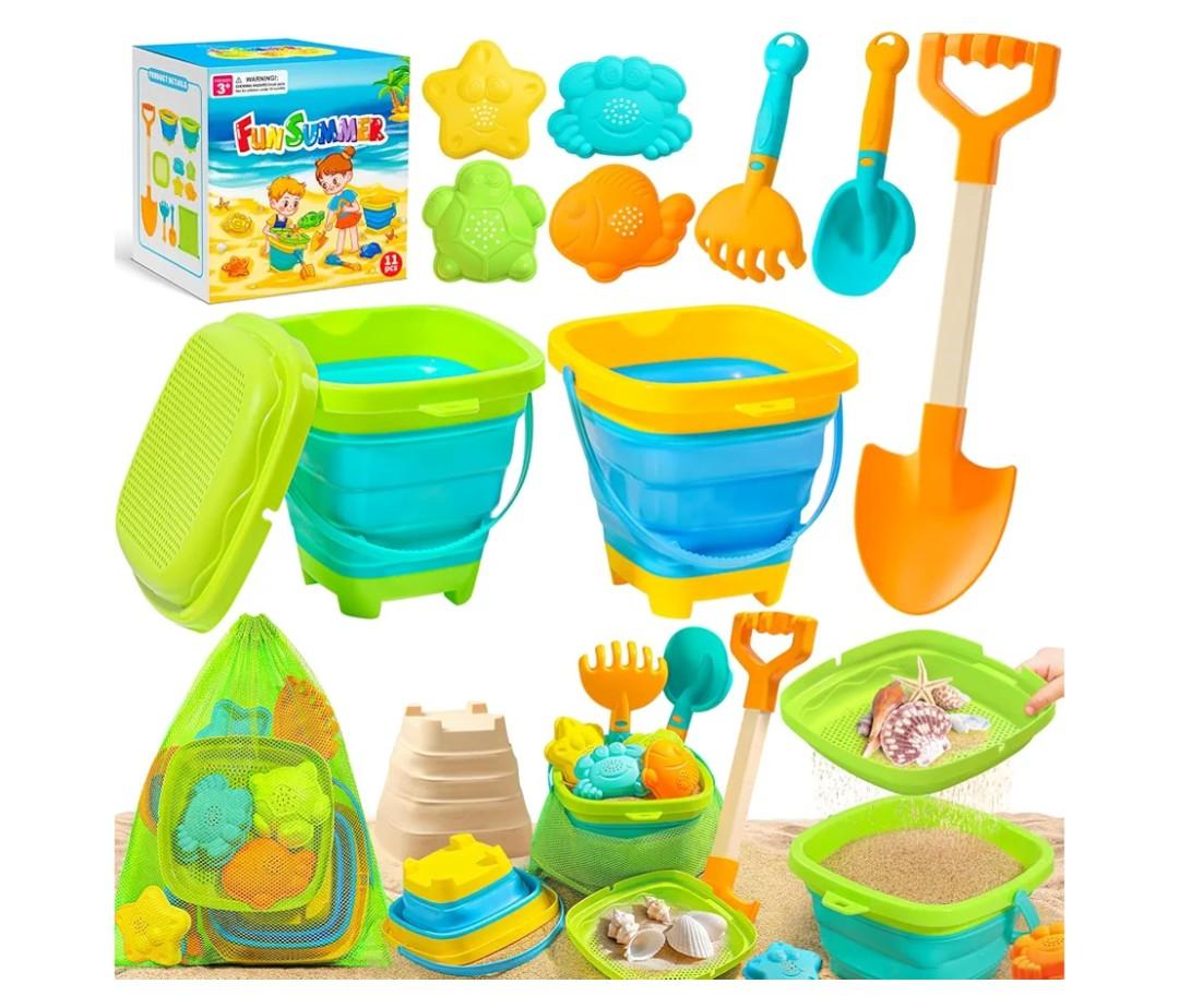 Collapsible Beach Sand Toys for Kids Toddlers, Collapsible Sand Bucket with Sifter Shovels Set with Mesh Bag and Sand Molds, Travel Beach Sandbox Toys for Boys Girls 3 4 5 6 7 8 9 10