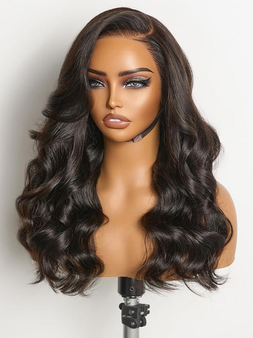 ASHINE 13x6 Body Wave Lace Front Wigs Human Hair Pre Plucked 180 Density HD Transparent Glueless Lace Frontal Wigs with Baby Hair for Women Natural Black 22 Inch
