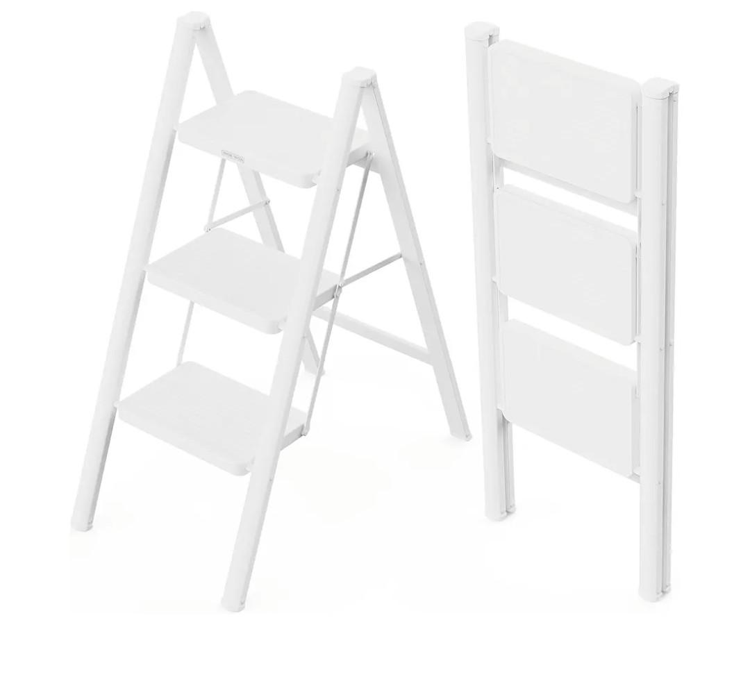WOA WOA Step Ladder for Home, Foldable Step Stool for Kitchen with Non-Slip Pedals, Sturdy Ladders Supports up to 330 lbs, Compact and Portable - 3 Step/White