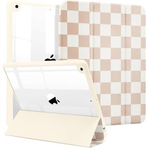 MrARTIST for iPad 9th/8th/7th Generation Case - Tablet Case Cute for Women Girls Girly Kawaii Aesthetic Preppy Kawaii Chic Cool Design for Apple Tablet Cover with Pencil Holder, Khaki Checkered