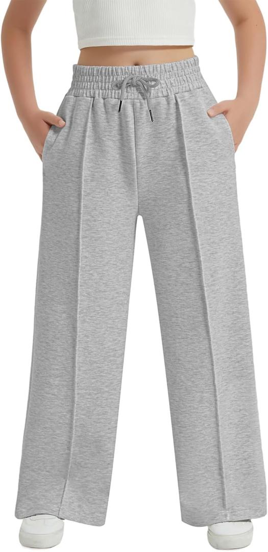 EXARUS Girls Sweatpants Front Seam Drawstring High Waist Wide Leg Sweat Pants Baggy Causal Kids High Waisted 6-14Y (10 Years, Grey)