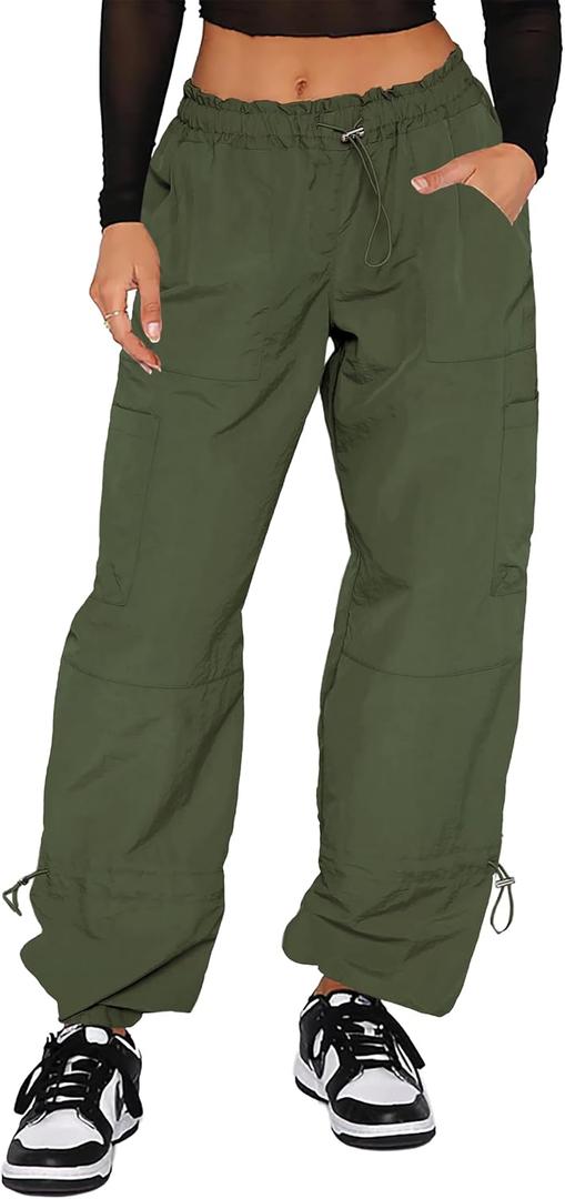 DISCIPBUSH Cargo Pants Women Baggy - Parachute Pants for Women, Rave Pants Y2K Pants, Festival Outfits for Women (Small, Army Green)