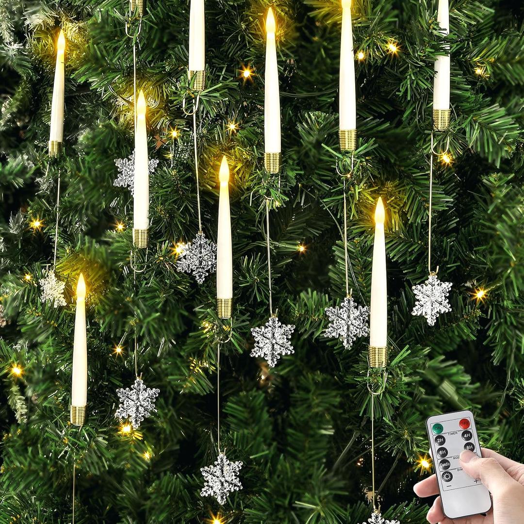 gisgfim 12 Pack Christmas Tree Candles with Remote & Hooks LED Flickering Flameless Candles with Timer Hanging Crystals Ornaments for Home Party Gifts Wedding Chandelier Decors-Acrylic Snowflake Hook