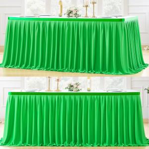 Partisky Green Polyester Table Skirt for Rectangle Tables 14ft, Wrinkle Resistant Pleated Ruffle Table Cloth for Banquet Wedding Trade Baby Shower Display Gift Dining Table