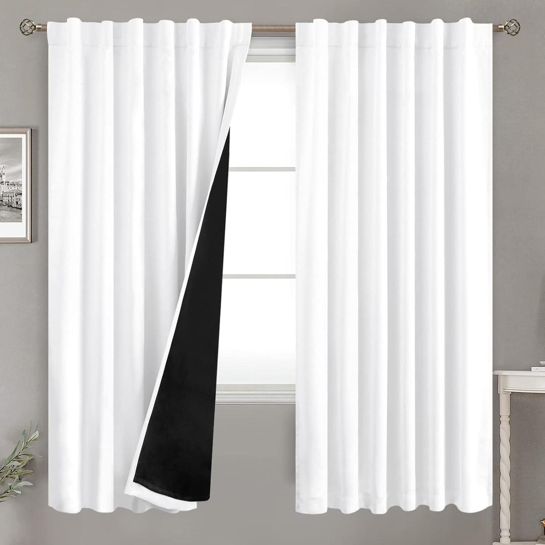 BGment Pure White 100% Blackout Curtains with Black Liner, Rod Pocket and Back Tab Double Layer Full Room Darkening Window Thermal Curtains for Bedroom, 2 Panels, Each 52 x 72 Inch