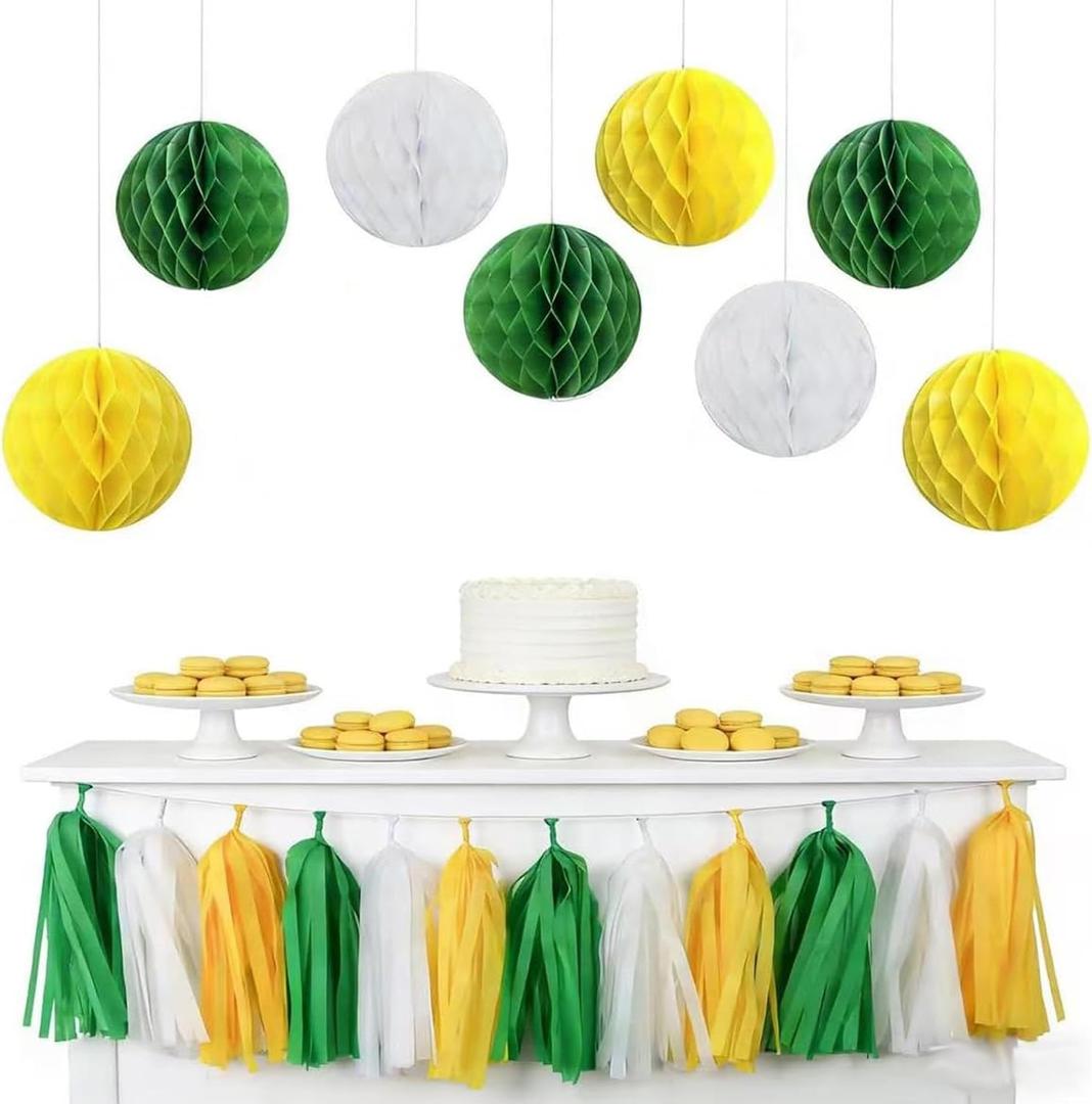 21PCS Green Yellow White Tassel Garland Banner Paper Honeycomball Streamers Backdrop for Masters Golf First Birthday Wedding Baby Shower Bachelorette Nursery Garden Tea Party Hanging Decorations