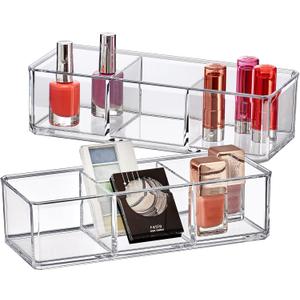 Amazing Abby - Glamour - 2-Pack Acrylic 3-Compartment Makeup Organizer, Transparent Plastic Lipstick Holder, Perfect Bathroom Vanity Storage Solution for Lipsticks, Nail Polishes, and More