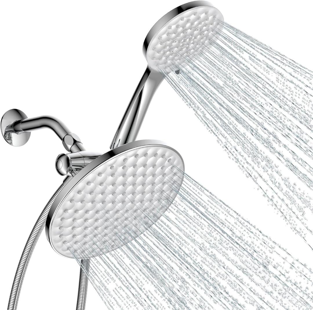dual shower head with handheld combo,8.6 inch Rainfall showerhead,6 settings hand held shower heads with hose (Chrome)
