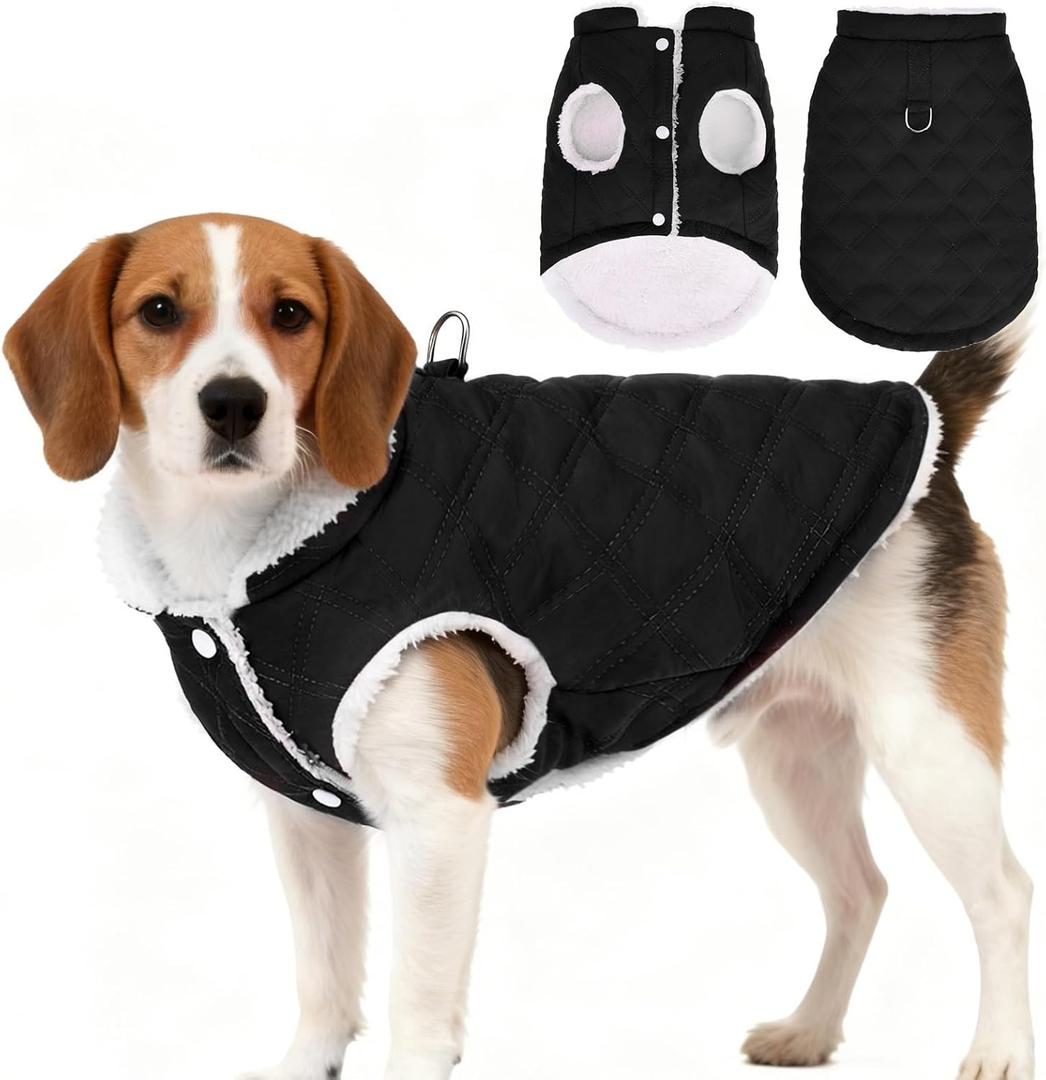 PUPTECK Dog Winter Coat, Warm Fleece Pet Jacket with Harness Built in, Water Resistant Windproof Collar Dog Puffer Vest, Doggy Snowsuits for Medium Small Dogs Cold Weather Apparel Outdoor, Black L