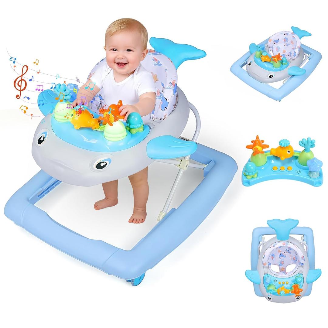 Baby Walker with Wheels, Music and Lights Foldable Baby Walker, 3 Adjustable Heights, Activity Walker for Baby Boy and Girl 6-18 Months, Blue