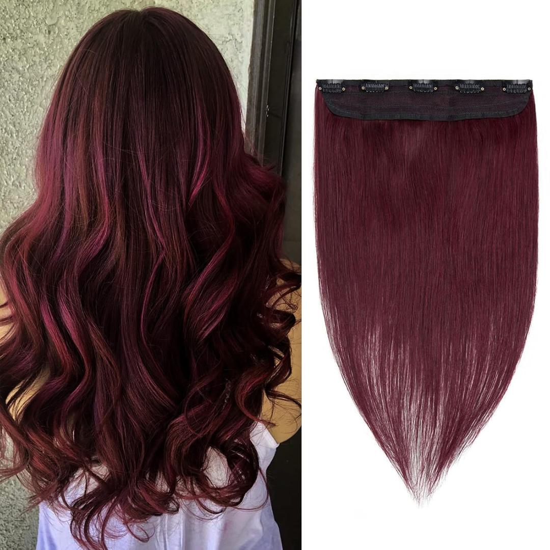 Benehair Burgundy One Piece Clip in Hair Extensions - Human Hair, Wine Red, 12inch, 3/4 Full Head, Remy, Long Straight, Natural Soft, 5 Clips