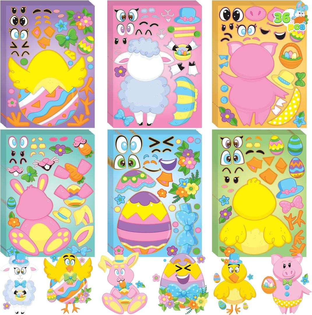 JOYIN 36 Pieces Easter Make A Face Animal Stickers with Easter Egg Themed Match Make Your Own Stickers with Bunny, Egg, Chick, Shell, Sheep, Pig Kids Party Favor Supplies Crafts