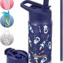 FAHRMOSIS 14 OZ Kids Water Bottle with Straw & 2 Lids (Flip & Spout) Leak Proof Metal Insulated Stainless Steel Reusable Tumbler for School & Sports Water Bottle - Black (Space)