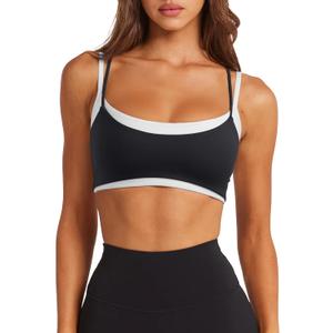 LASLULU Womens Double Layered Sports Bra Adjustable Spaghetti Straps Sexy Scoop Neck Wireless Padded Workout Yoga Crop Tops, Medium