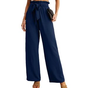 IWOLLENCE Women's Wide Leg Pants with Pockets High Waist Adjustable Knot Loose Casual Trousers Business Work Casual Pants (Blue, L)