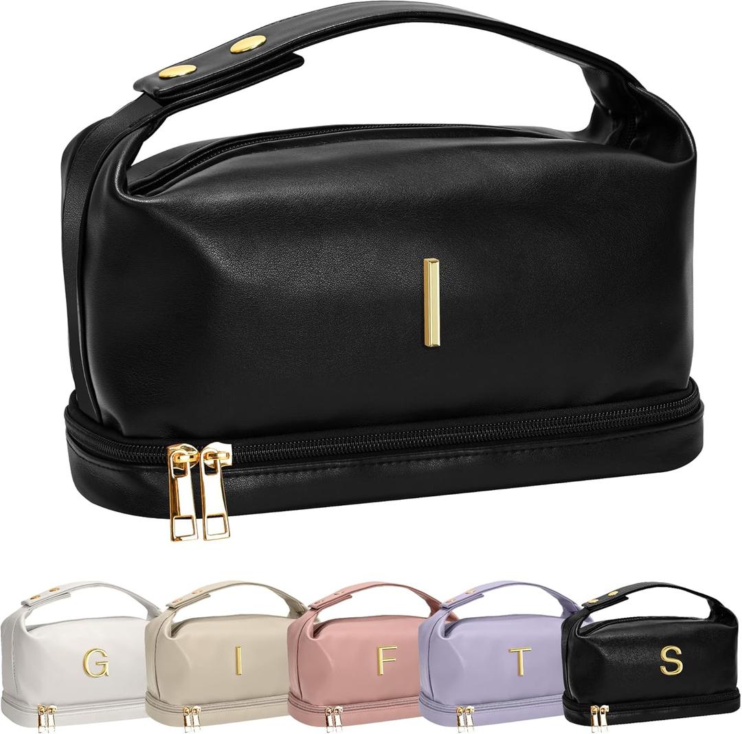 Birthday Gifts for Women, Personalized Makeup Bag with Handle, Initial Double Layer Cosmetic Bag with Makeup Brush Organizer, PU Leather Travel Toiletry Bag, Gifts for Friends Female Mom (Black)